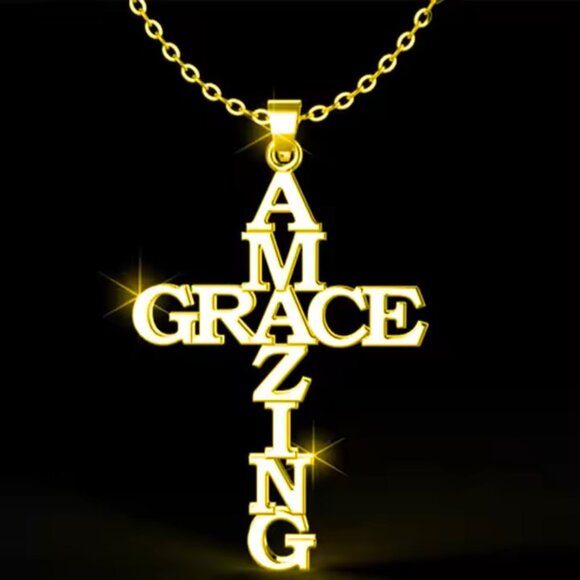 Stainless Steel Amazing Grace Cross Necklace - Gold, Christian Faith, Church - Picture 8 of 11